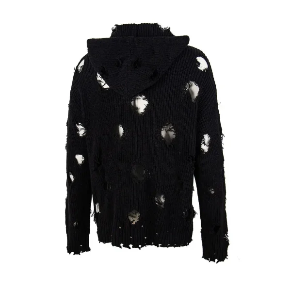 THUG CLUB TC Destroyed Knit Zip-Up Hoodie in Black Back