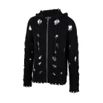 THUG CLUB TC Destroyed Knit Zip-Up Hoodie in Black Front