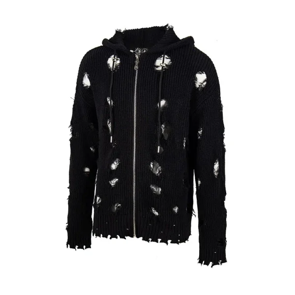 THUG CLUB TC Destroyed Knit Zip-Up Hoodie in Black Front