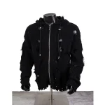 THUG CLUB TC Destroyed Knit Zip-Up Hoodie in Black Front Zoom
