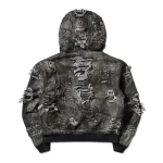Thug Club Men's Hard-Washed Damaged Denim Hooded Zip-Up Jacket Black Back