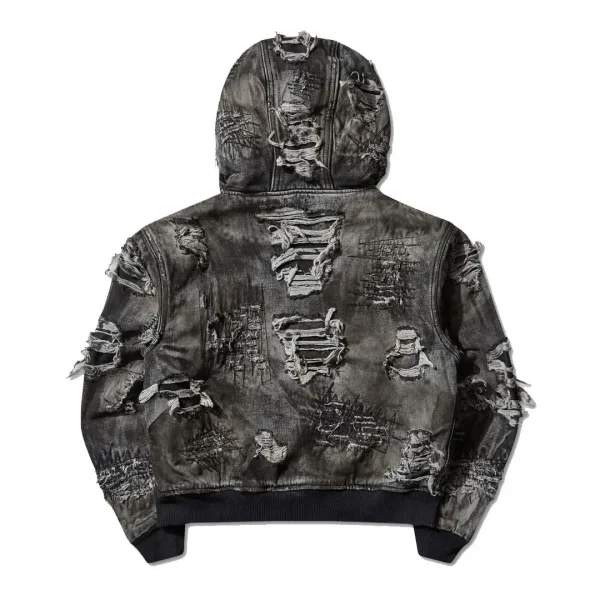 Thug Club Men's Hard-Washed Damaged Denim Hooded Zip-Up Jacket Black Back