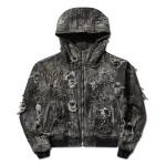 Thug Club Men's Hard-Washed Damaged Denim Hooded Zip-Up Jacket Black Front