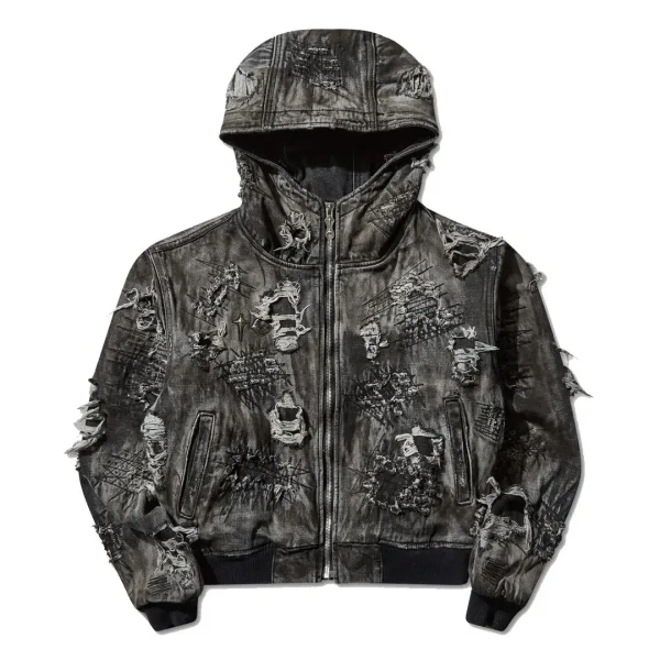 Thug Club Men's Hard-Washed Damaged Denim Hooded Zip-Up Jacket Black Front